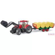   Case IH Optum 300CVX homlokrakodóval és bálaszállító pótkocsival, 8 körbálával Bruder 